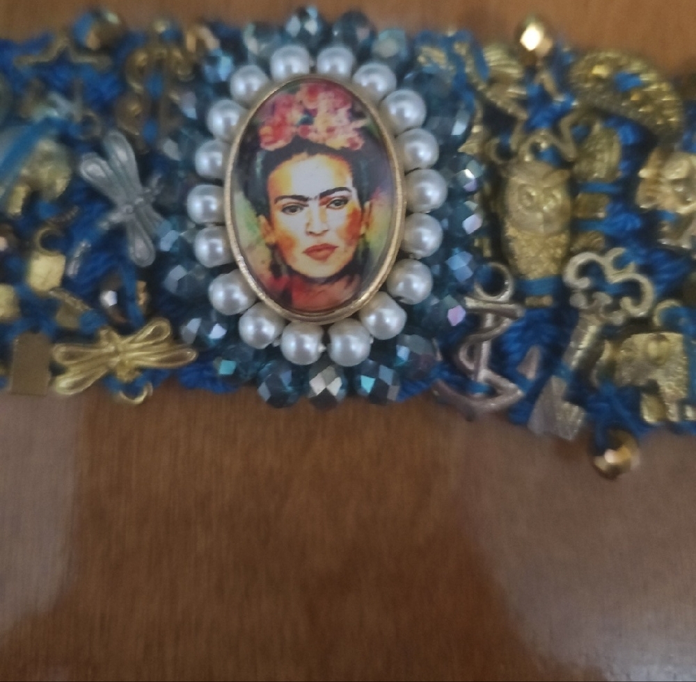 Frida Khalo Blue Crochet Charm Bracelet with Gold Accents - Picture 2 of 8
